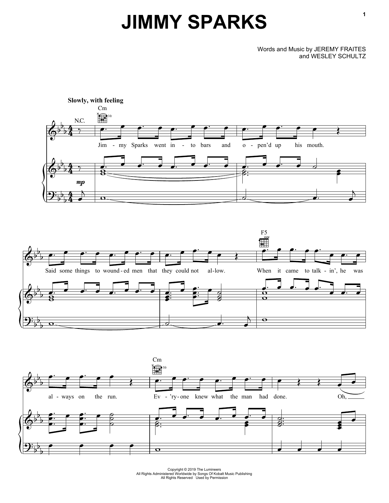 The Lumineers Jimmy Sparks sheet music notes and chords arranged for Piano, Vocal & Guitar Chords (Right-Hand Melody)