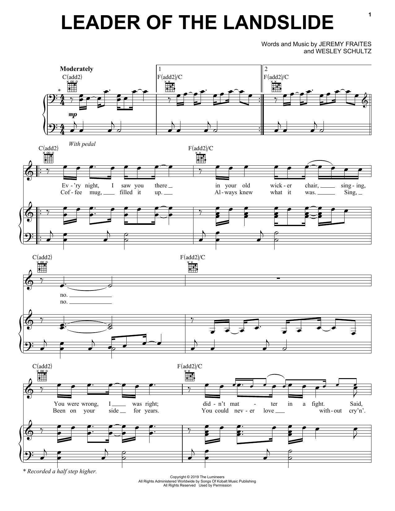 The Lumineers Leader Of The Landslide sheet music notes and chords arranged for Piano, Vocal & Guitar Chords (Right-Hand Melody)