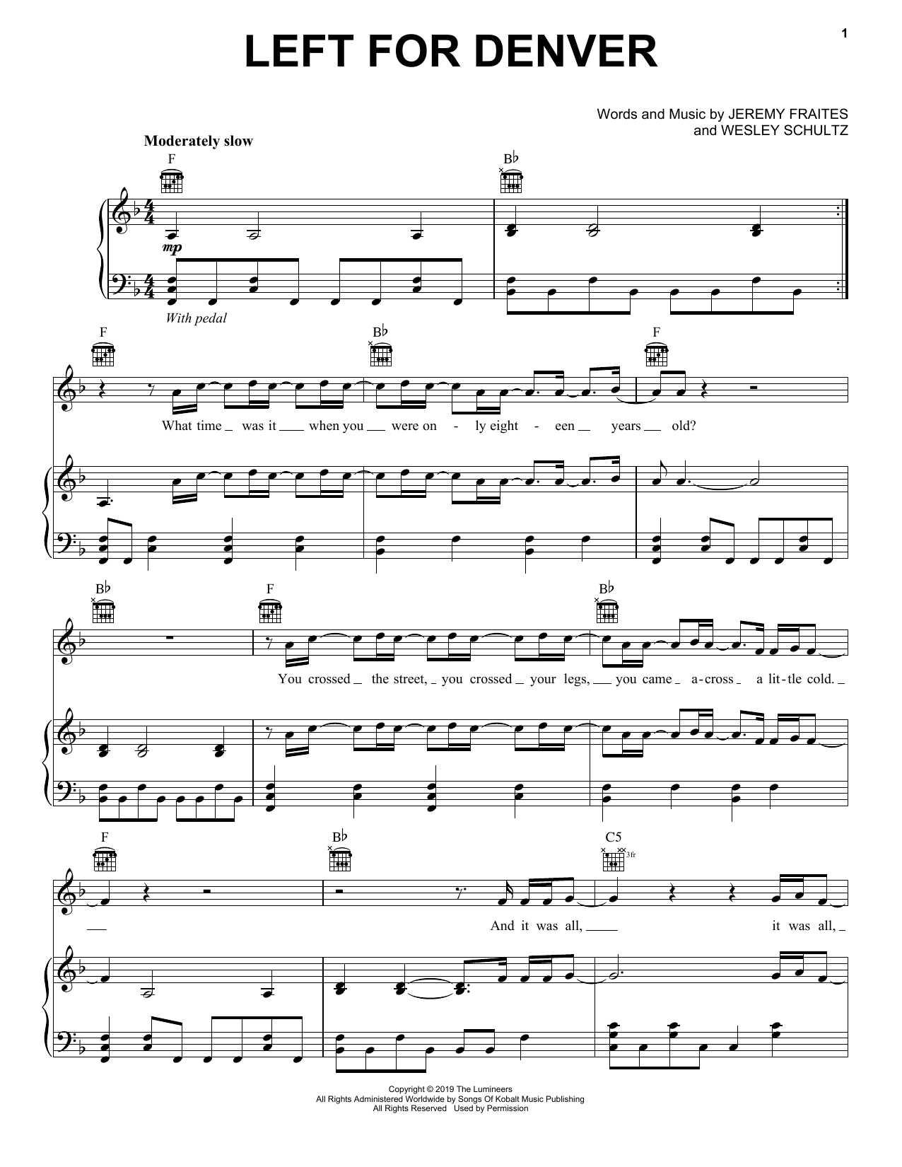 The Lumineers Left For Denver sheet music notes and chords arranged for Piano, Vocal & Guitar Chords (Right-Hand Melody)