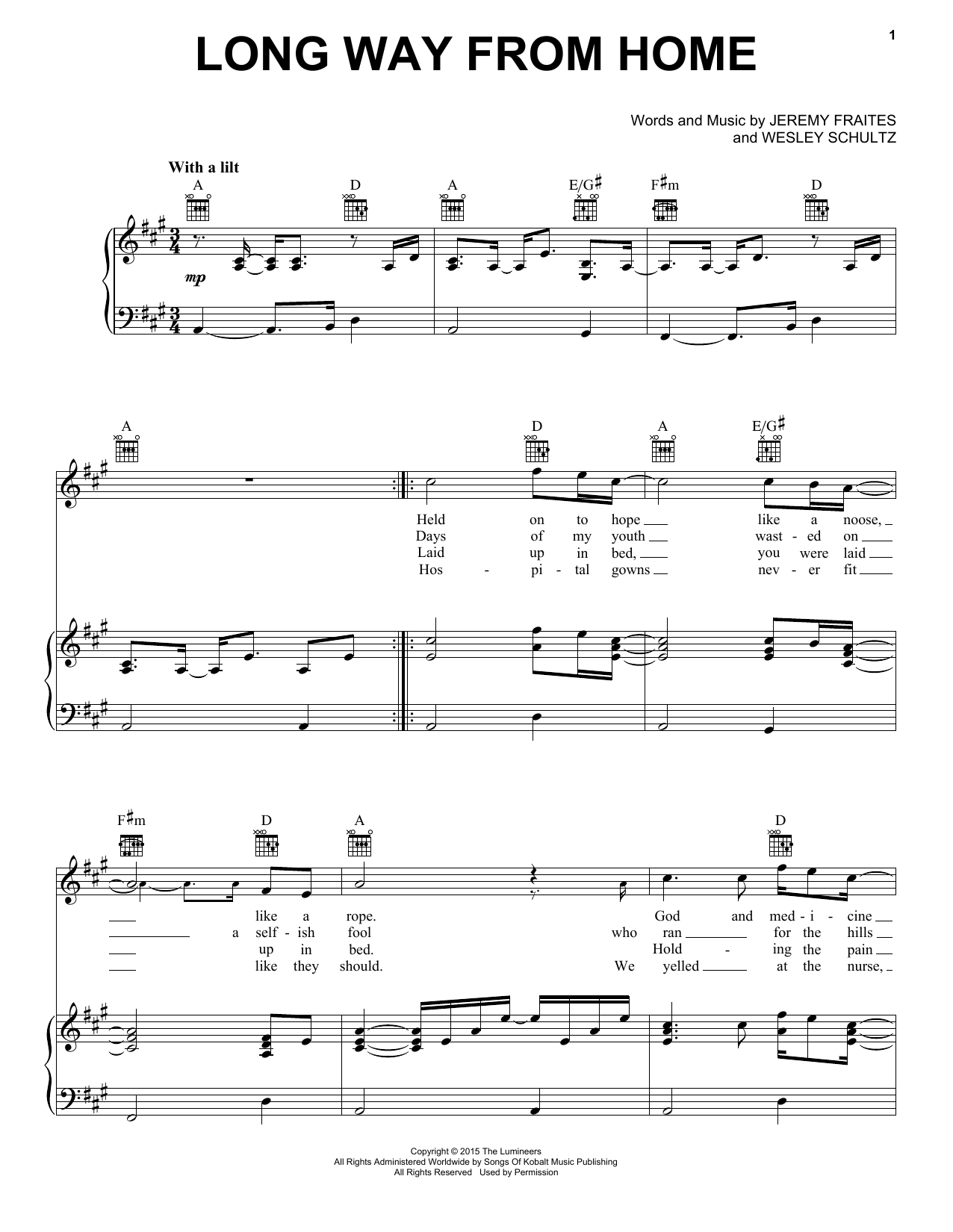 The Lumineers Long Way From Home sheet music notes and chords arranged for Piano, Vocal & Guitar Chords (Right-Hand Melody)