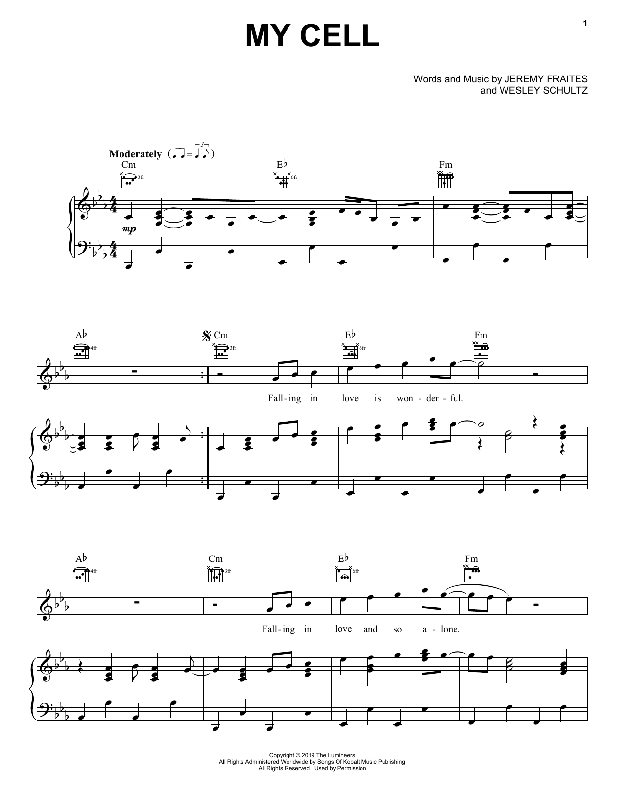 The Lumineers My Cell sheet music notes and chords arranged for Piano, Vocal & Guitar Chords (Right-Hand Melody)