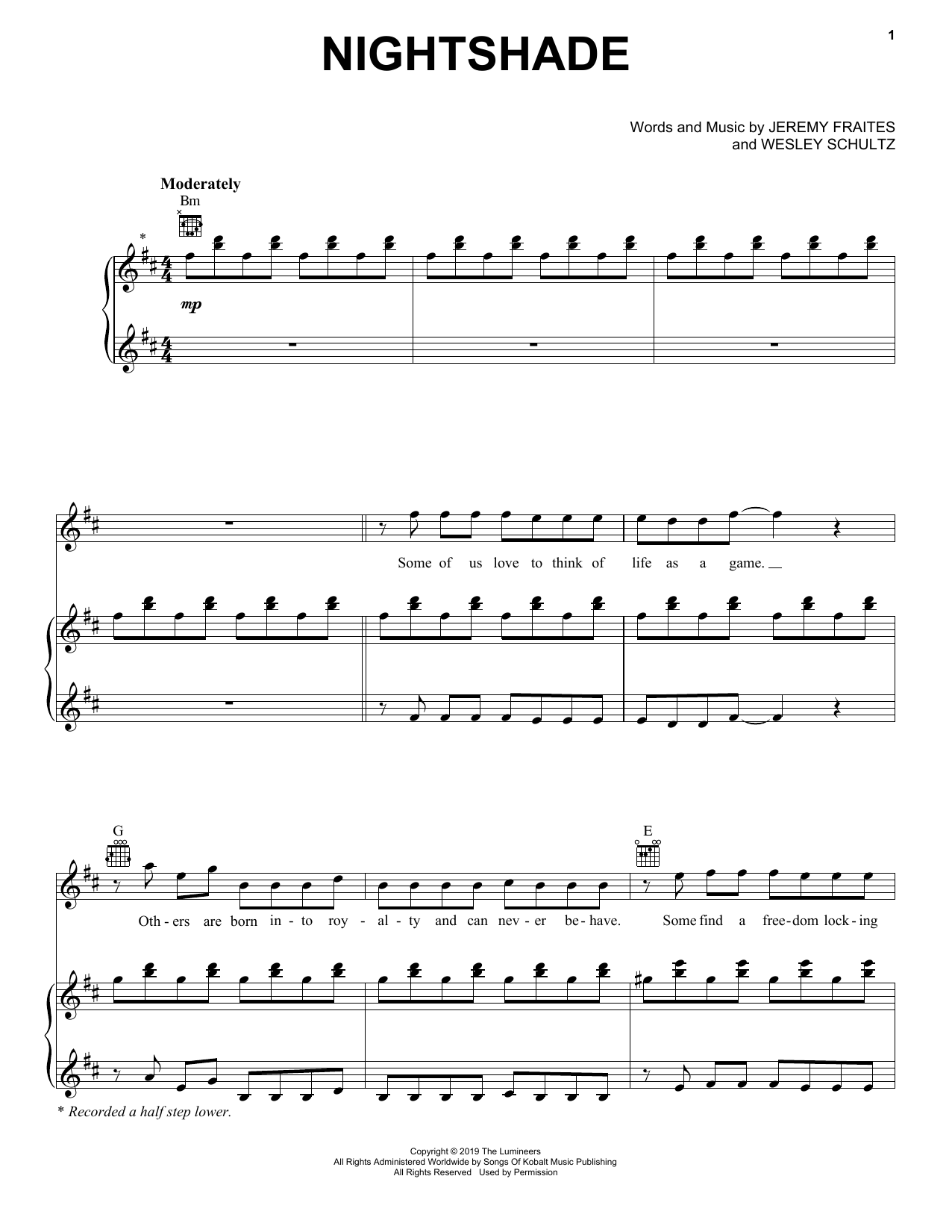 The Lumineers Nightshade (from For the Throne: Music Inspired by Game of Thrones) sheet music notes and chords arranged for Piano, Vocal & Guitar Chords (Right-Hand Melody)