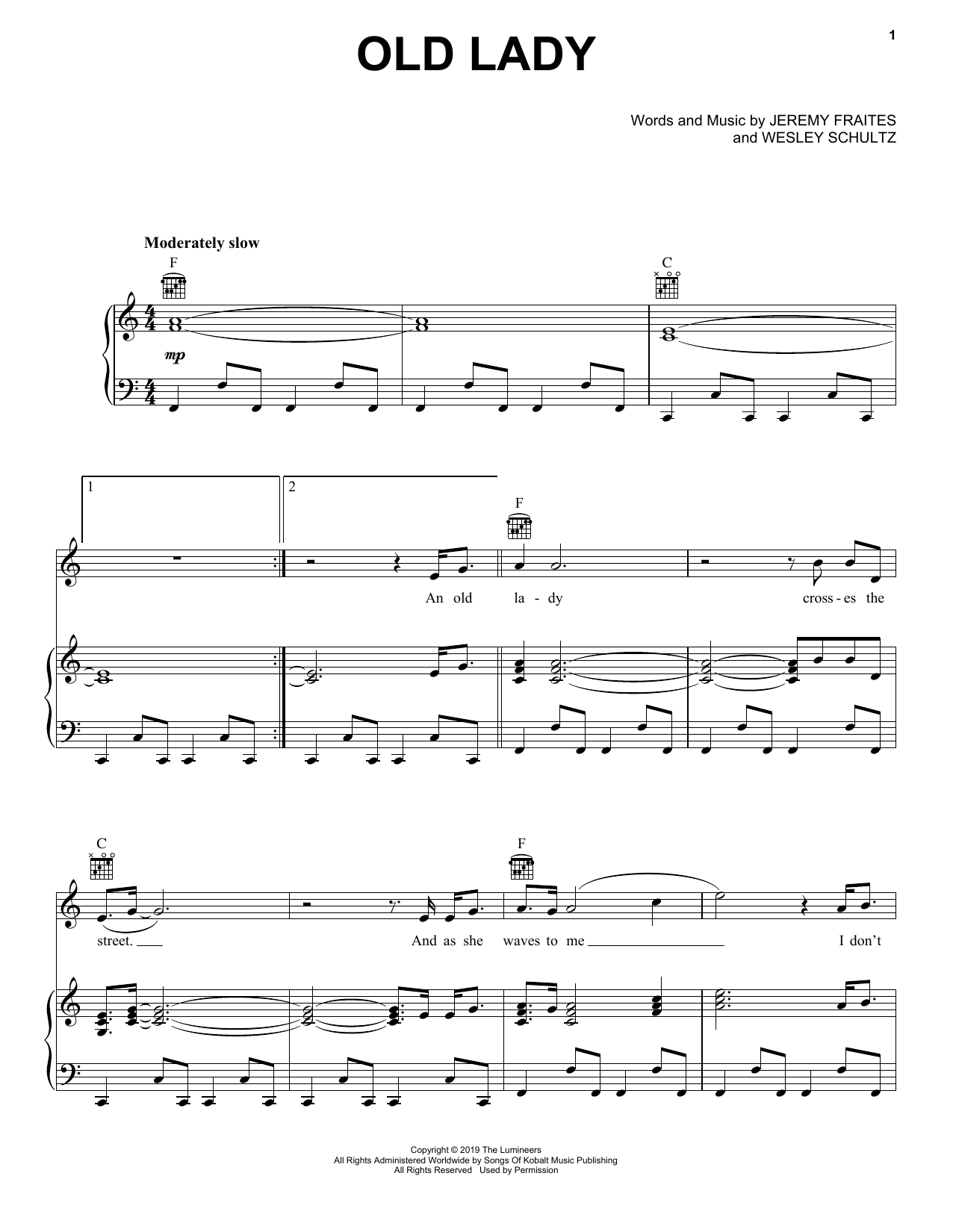 The Lumineers Old Lady sheet music notes and chords arranged for Piano, Vocal & Guitar Chords (Right-Hand Melody)