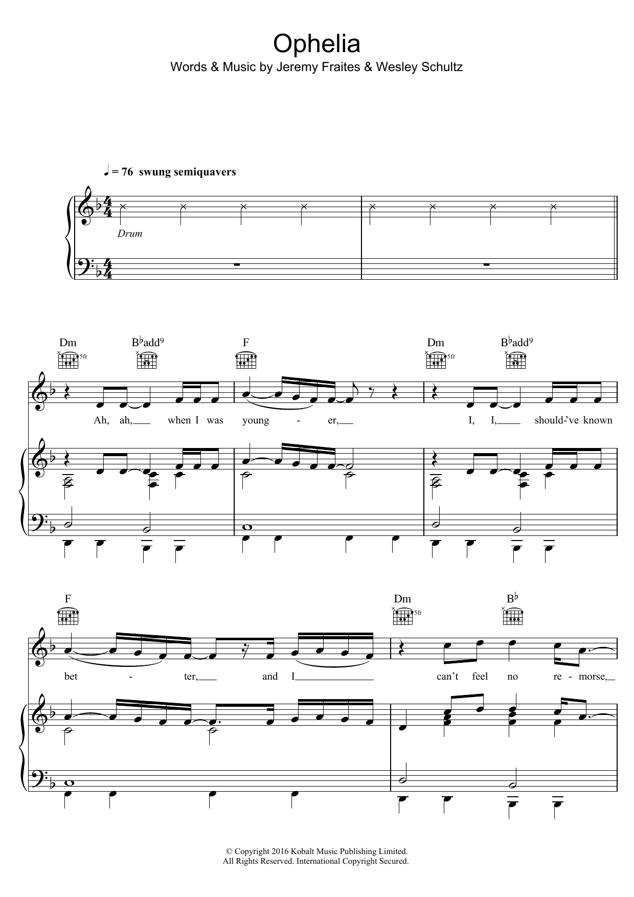 The Lumineers Ophelia sheet music notes and chords arranged for Drum Chart