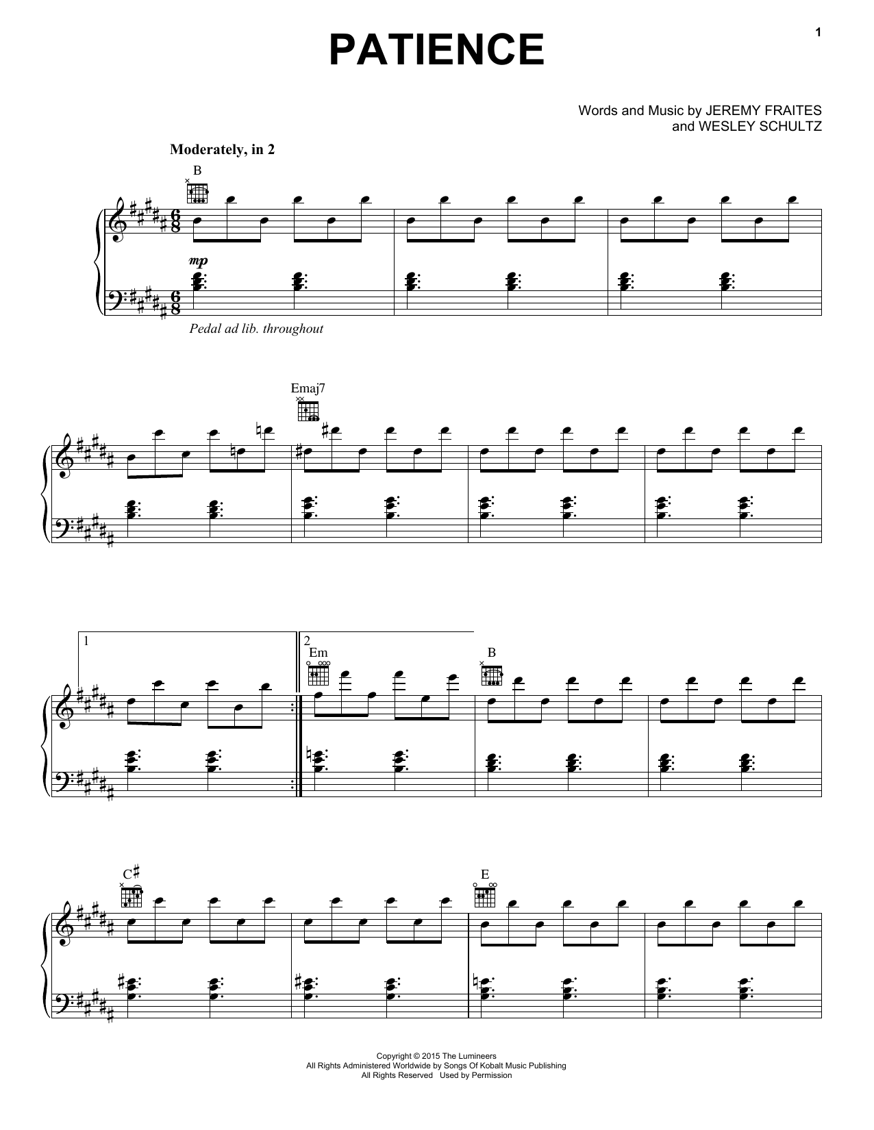 The Lumineers Patience sheet music notes and chords arranged for Piano, Vocal & Guitar Chords (Right-Hand Melody)