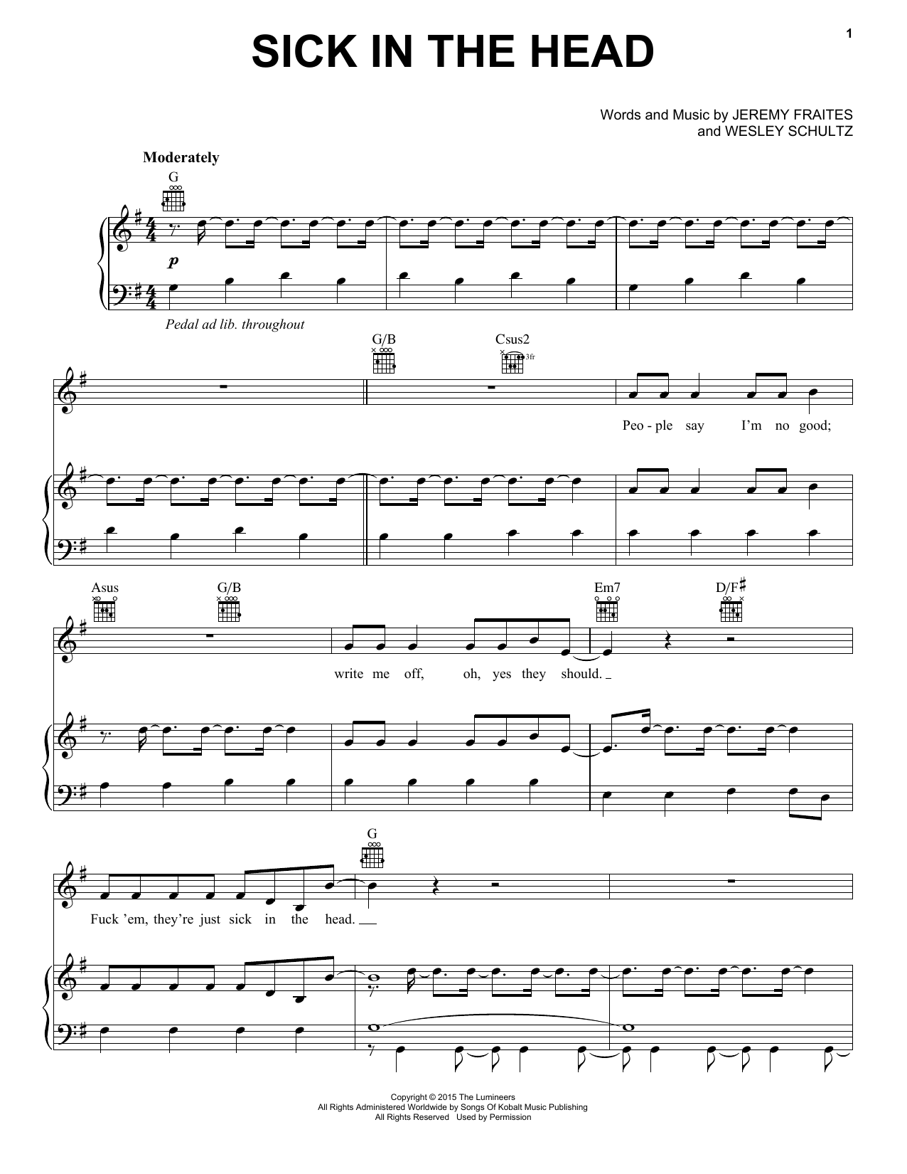 The Lumineers Sick In The Head sheet music notes and chords arranged for Piano, Vocal & Guitar Chords (Right-Hand Melody)