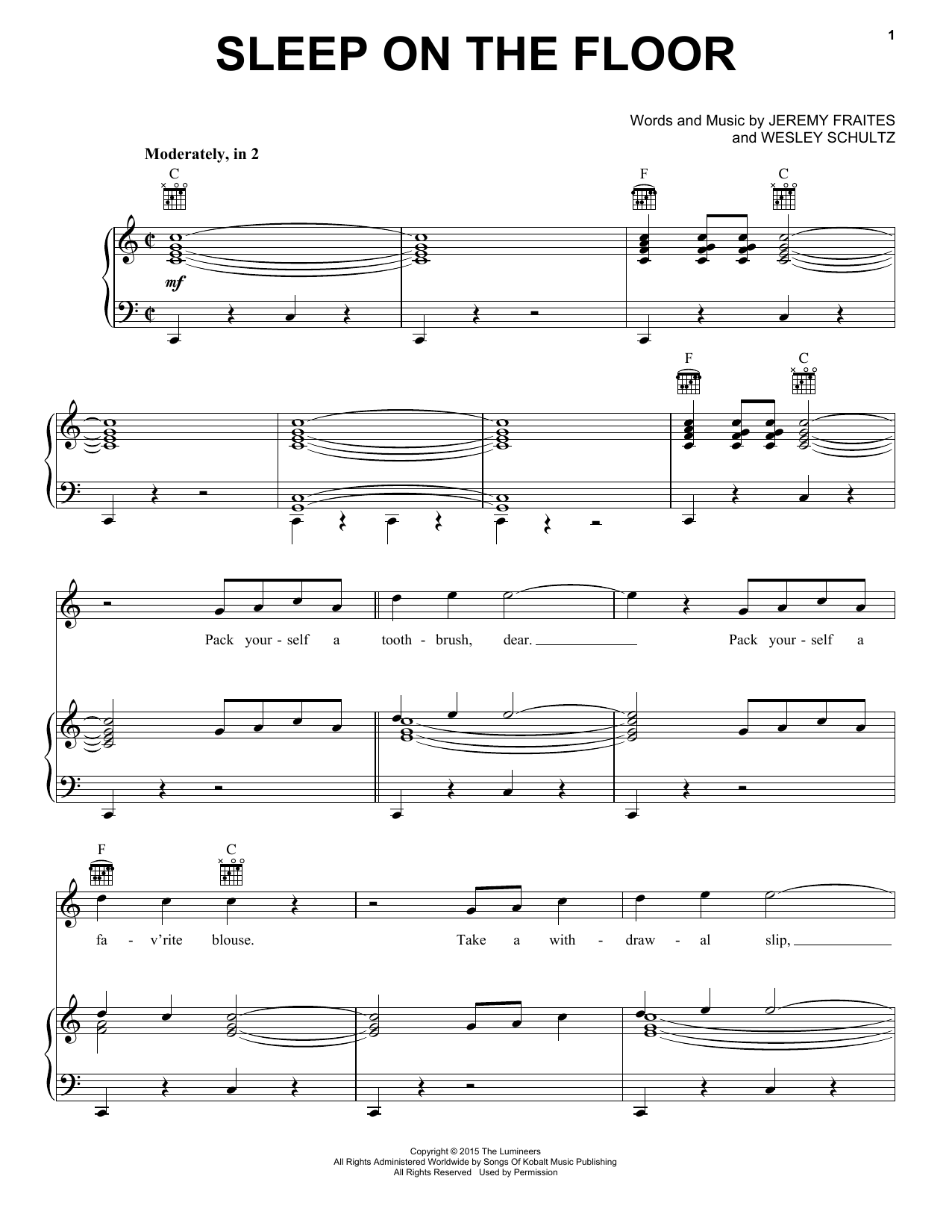 The Lumineers Sleep On The Floor sheet music notes and chords arranged for Easy Piano