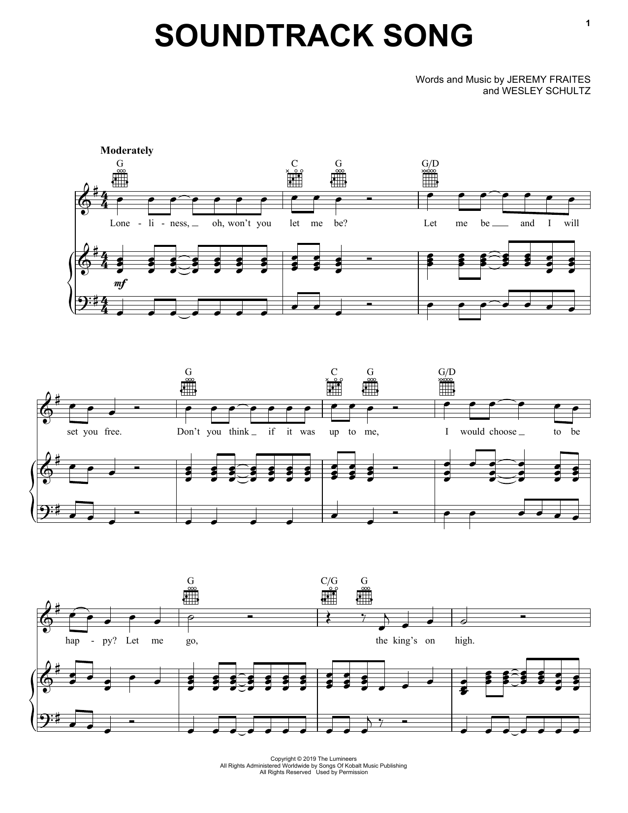 The Lumineers Soundtrack Song sheet music notes and chords arranged for Piano, Vocal & Guitar Chords (Right-Hand Melody)