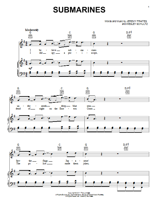 The Lumineers Submarines sheet music notes and chords arranged for Easy Piano