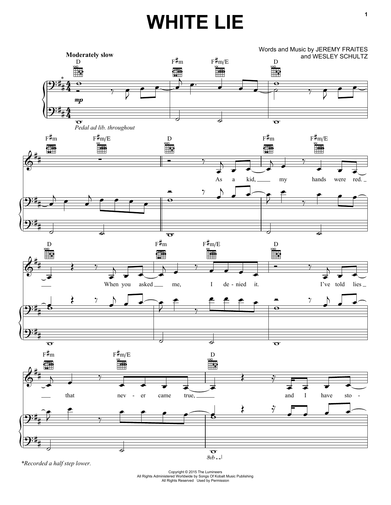 The Lumineers White Lie sheet music notes and chords arranged for Piano, Vocal & Guitar Chords (Right-Hand Melody)