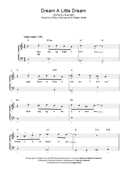 The Mamas & The Papas Dream A Little Dream Of Me sheet music notes and chords arranged for Easy Piano