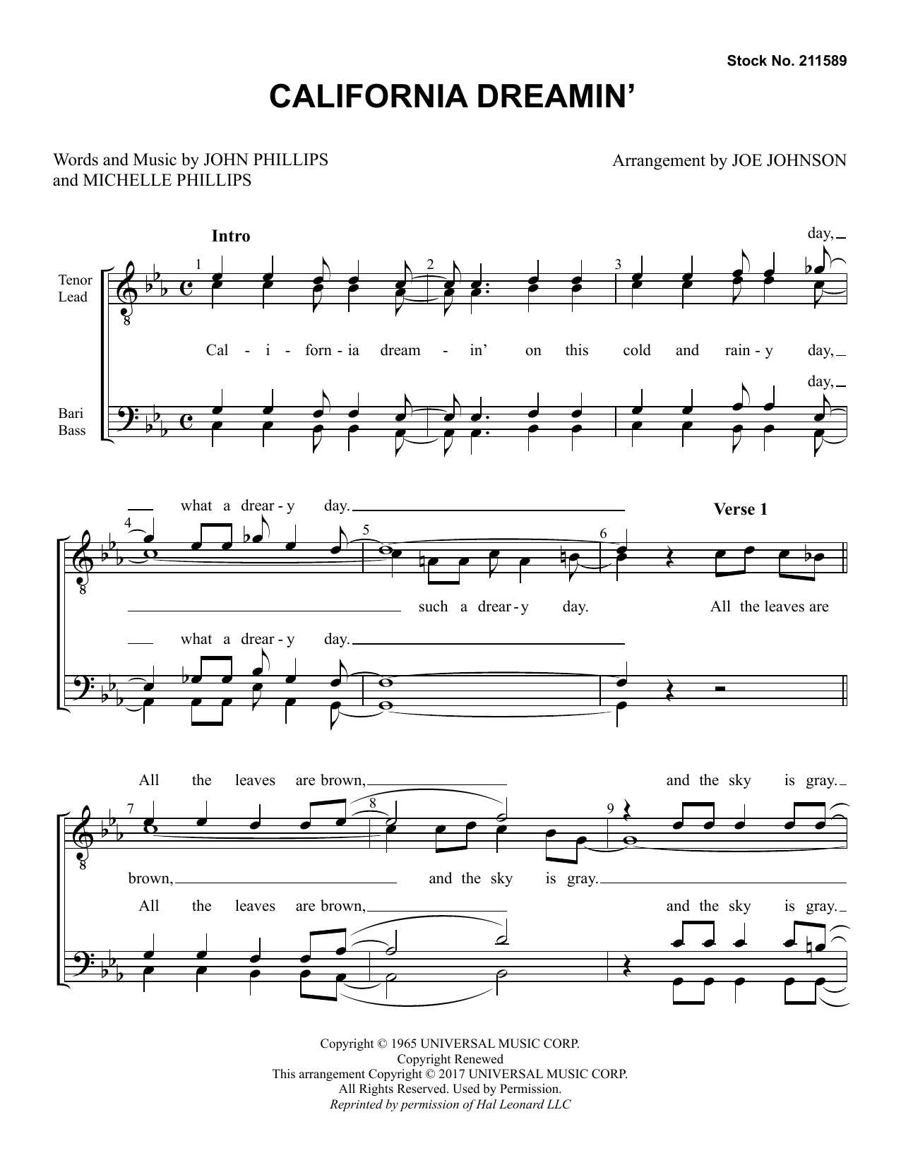 The Mamas & The Papas California Dreamin' (arr. Joe Johnson) sheet music notes and chords arranged for TTBB Choir