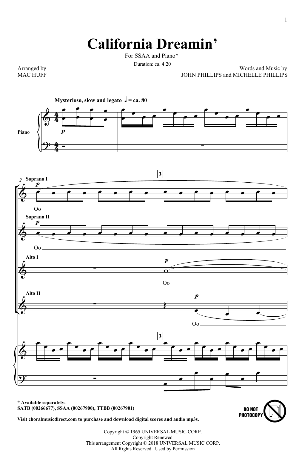The Mamas & The Papas California Dreamin' (arr. Mac Huff) sheet music notes and chords arranged for SSA Choir
