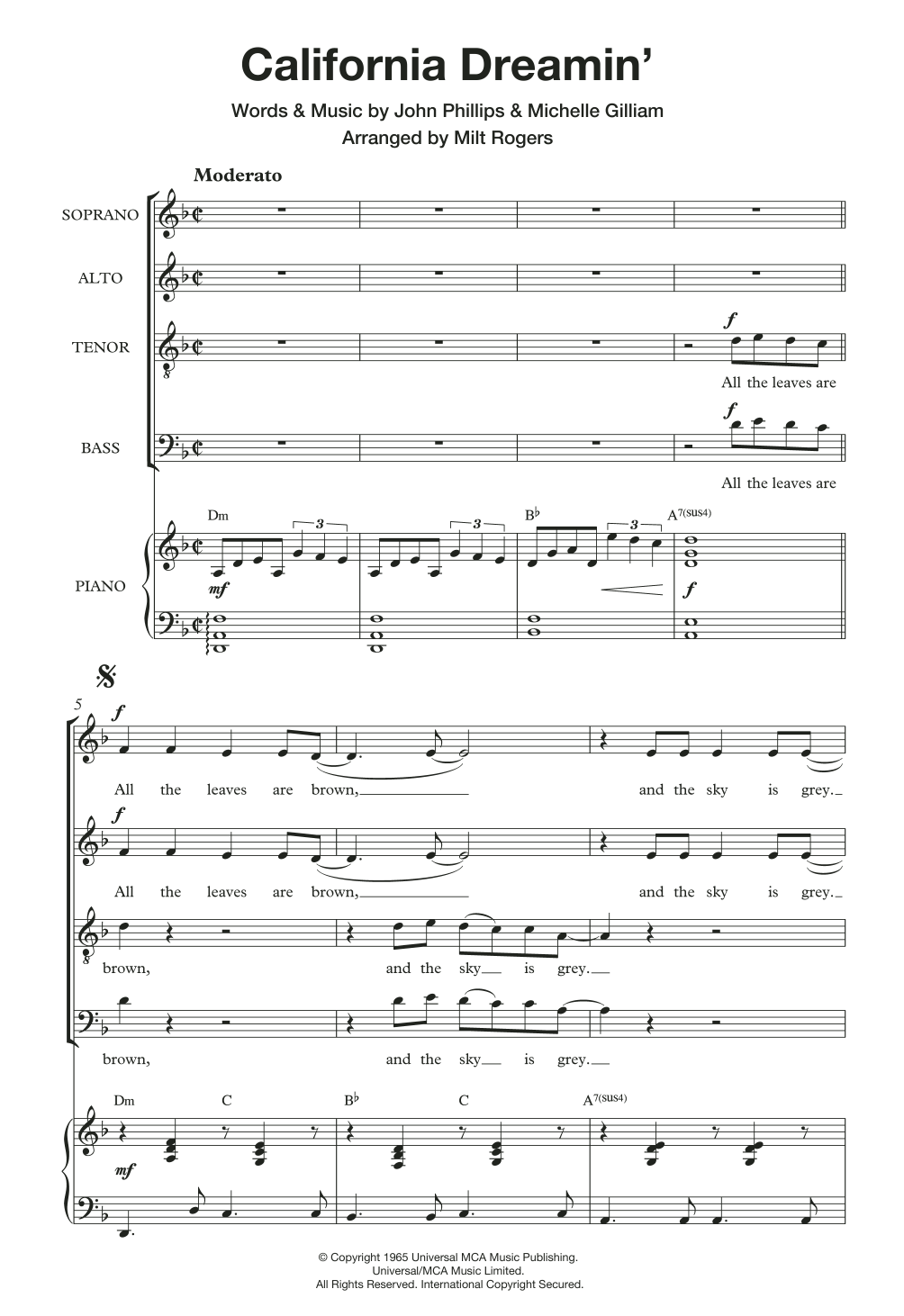 The Mamas & The Papas California Dreamin' (Arr. Milt Rogers) sheet music notes and chords arranged for Choir