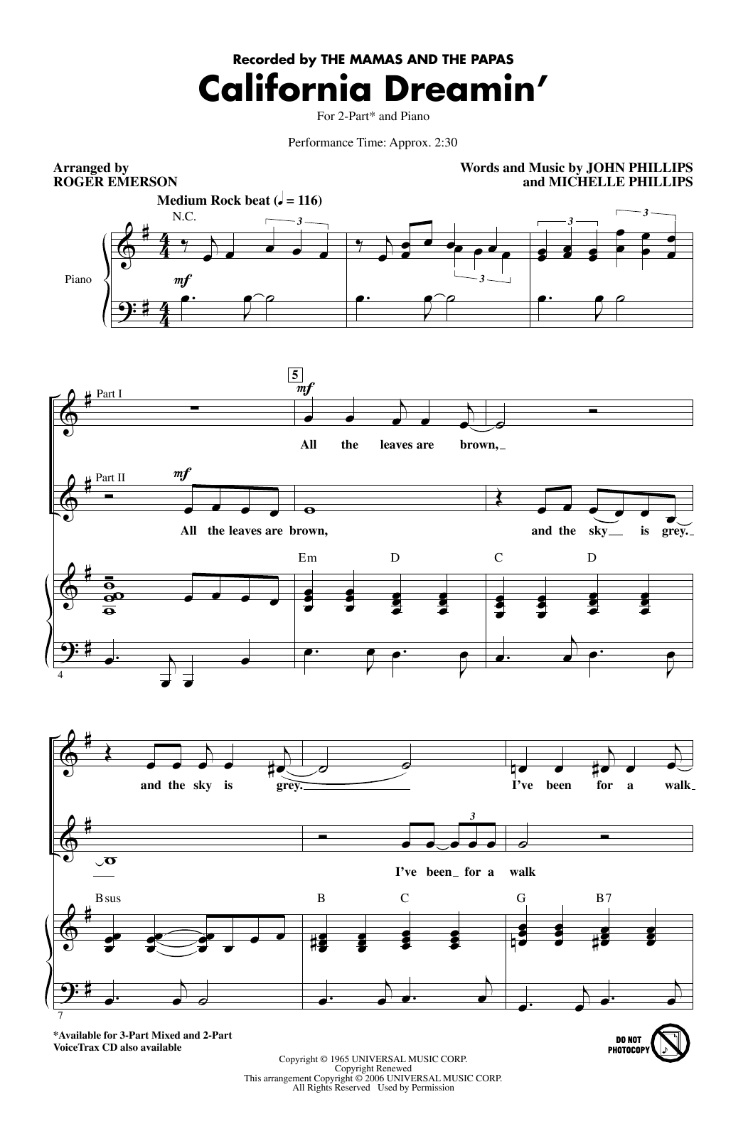 The Mamas & The Papas California Dreamin' (arr. Roger Emerson) sheet music notes and chords arranged for 2-Part Choir