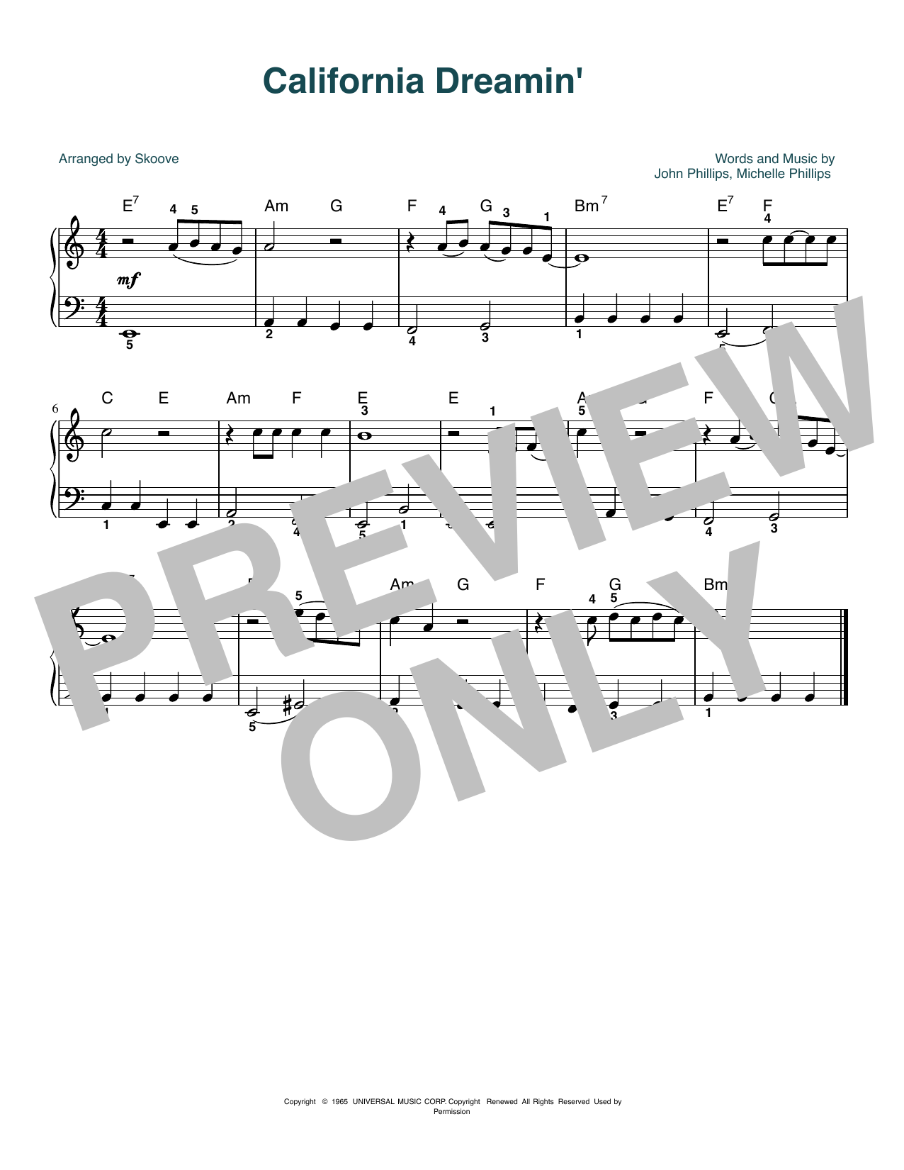 The Mamas & The Papas California Dreamin' (arr. Skoove) sheet music notes and chords arranged for Beginner Piano (Abridged)
