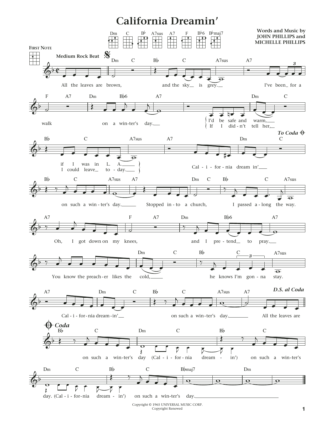 The Mamas & The Papas California Dreamin' (from The Daily Ukulele) (arr. Liz and Jim Beloff) sheet music notes and chords arranged for Ukulele