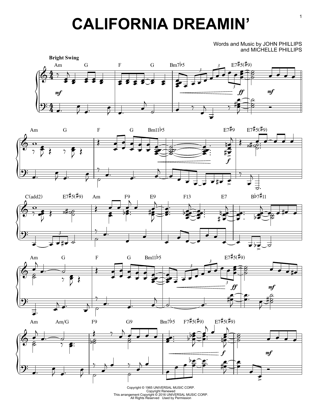 The Mamas & The Papas California Dreamin' [Jazz version] (arr. Brent Edstrom) sheet music notes and chords arranged for Piano Solo