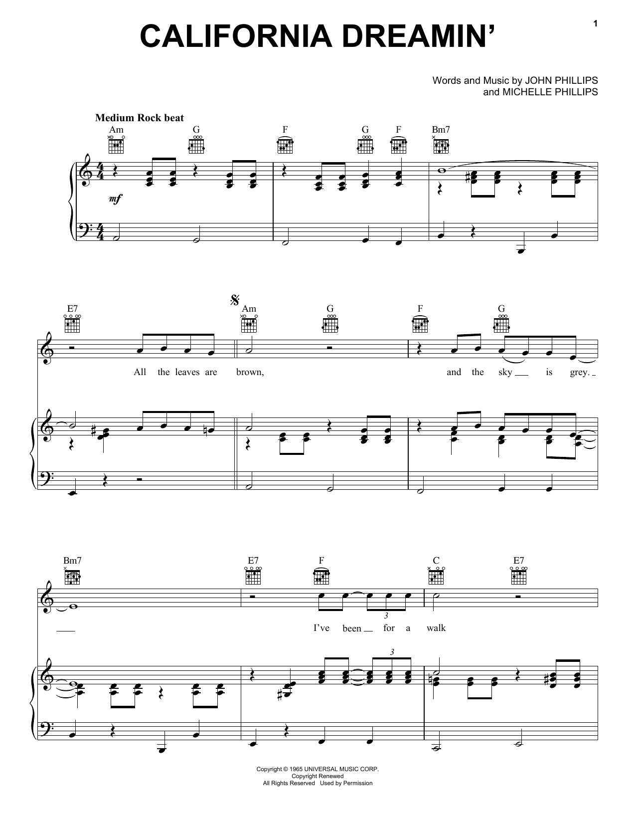 The Mamas & The Papas California Dreamin' sheet music notes and chords arranged for Lead Sheet / Fake Book