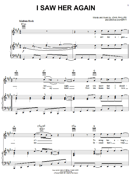 The Mamas & The Papas I Saw Her Again sheet music notes and chords arranged for Piano, Vocal & Guitar Chords (Right-Hand Melody)