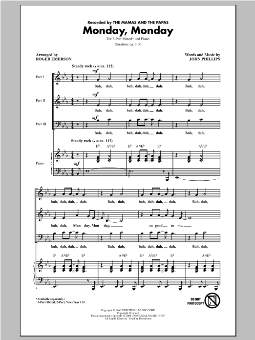 The Mamas & The Papas Monday, Monday (arr. Roger Emerson) sheet music notes and chords arranged for 3-Part Mixed Choir