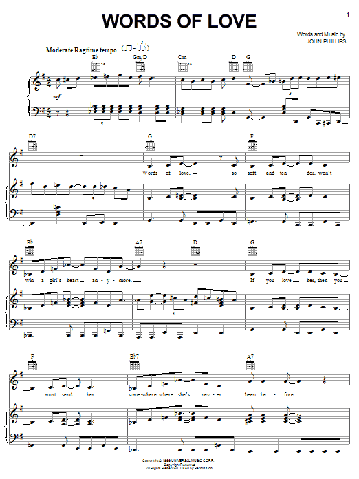 The Mamas & The Papas Words Of Love sheet music notes and chords arranged for Piano, Vocal & Guitar Chords (Right-Hand Melody)
