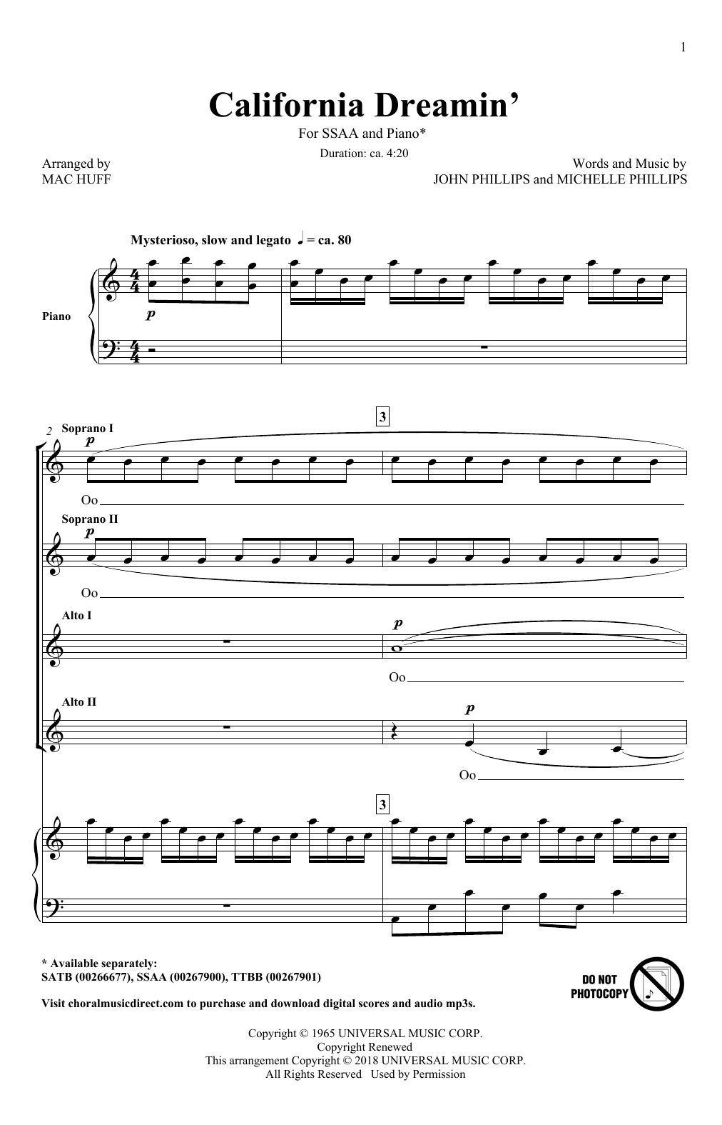 The Mamas & The Papas California Dreamin' (arr. Mac Huff) sheet music notes and chords arranged for SSAA Choir