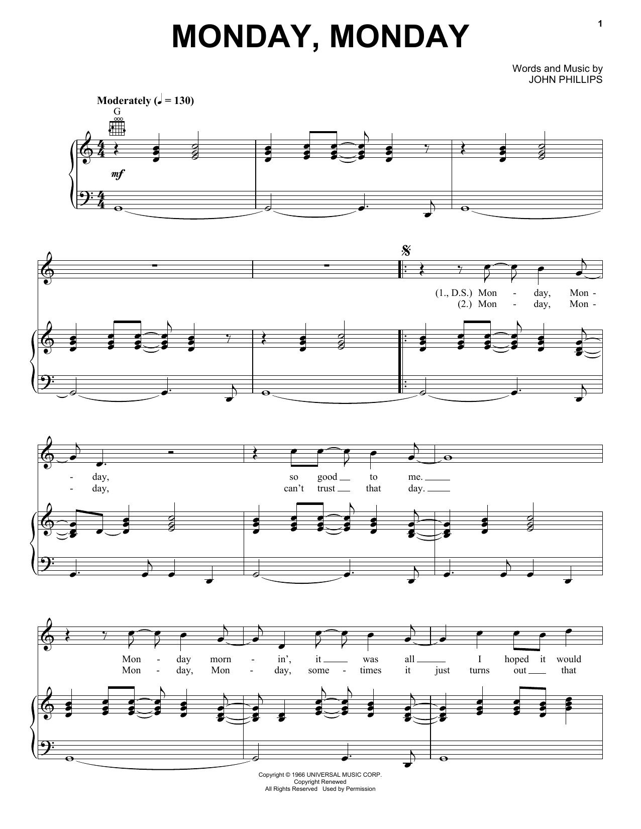 The Mamas & The Papas Monday, Monday sheet music notes and chords arranged for Piano, Vocal & Guitar Chords (Right-Hand Melody)
