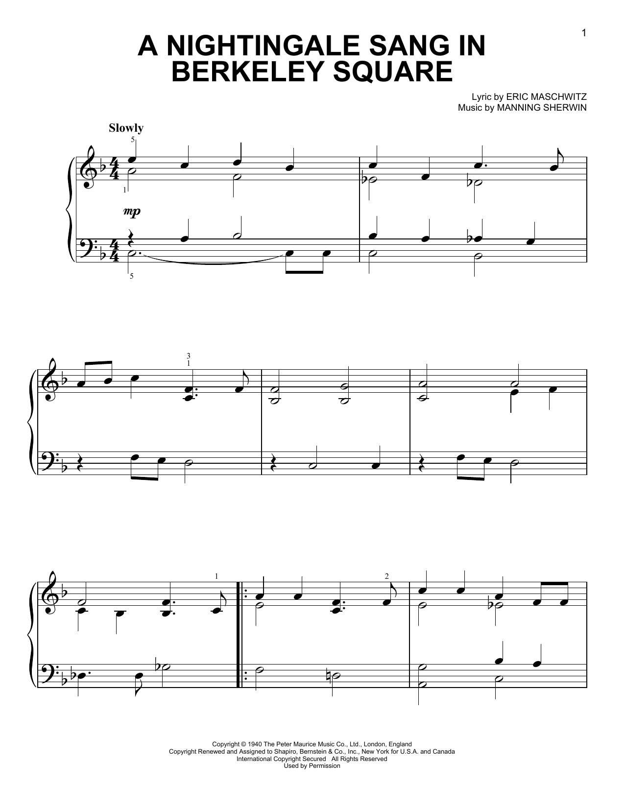 The Manhattan Transfer A Nightingale Sang In Berkeley Square sheet music notes and chords arranged for Easy Piano