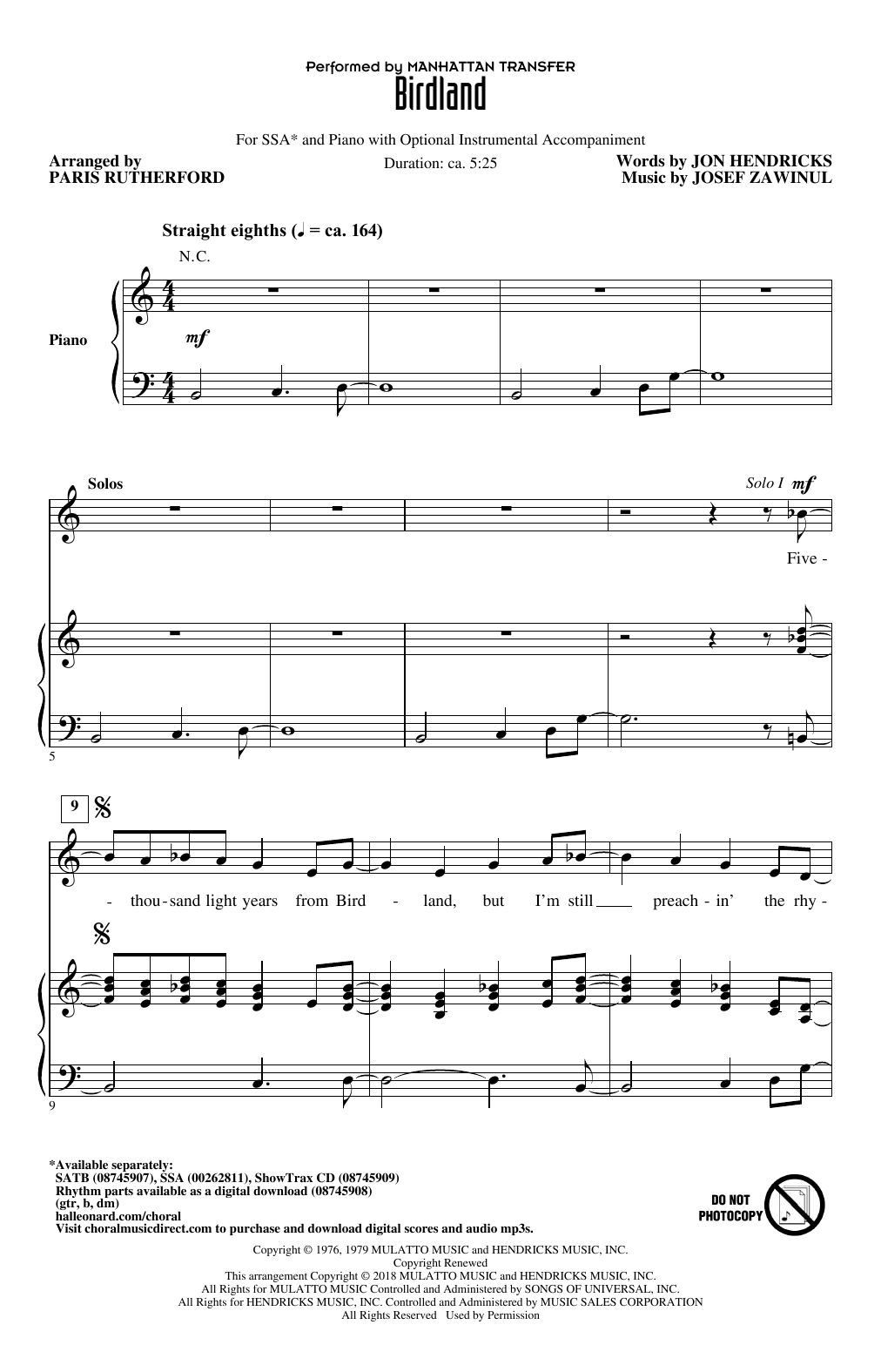 The Manhattan Transfer Birdland (arr. Paris Rutherford) sheet music notes and chords arranged for SSA Choir