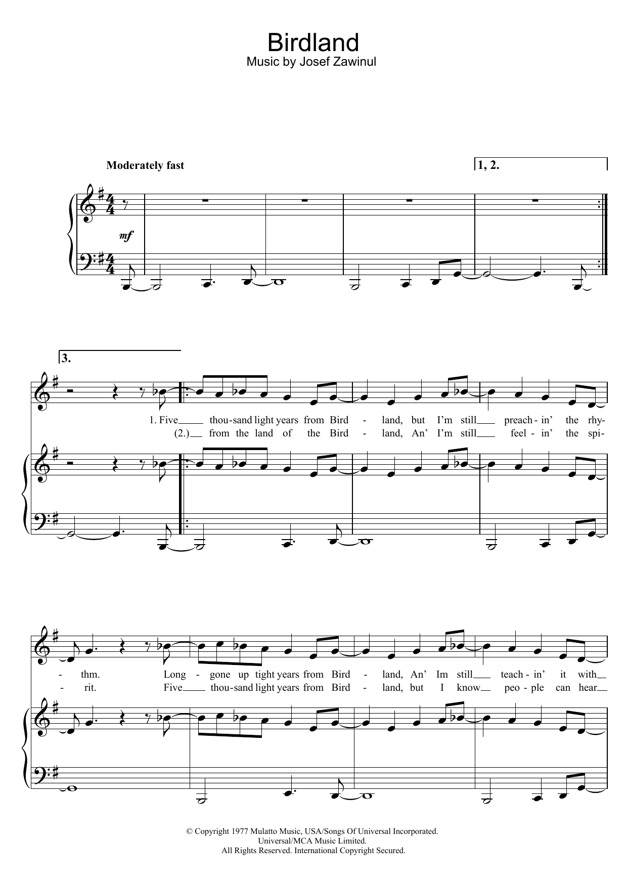 The Manhattan Transfer Birdland sheet music notes and chords arranged for Piano, Vocal & Guitar Chords