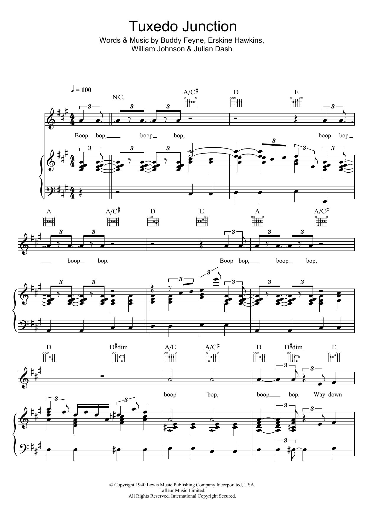 The Manhattan Transfer Tuxedo Junction sheet music notes and chords arranged for Piano, Vocal & Guitar Chords