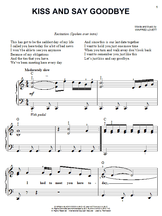 The Manhattans Kiss And Say Goodbye sheet music notes and chords arranged for Easy Piano