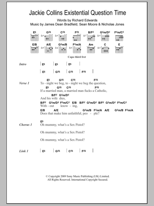 Manic Street Preachers Jackie Collins Existential Question Time sheet music notes and chords arranged for Guitar Chords/Lyrics