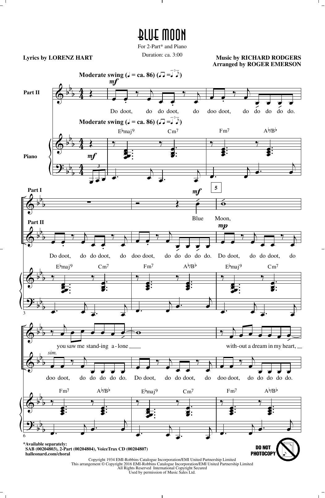Roger Emerson Blue Moon sheet music notes and chords arranged for 2-Part Choir