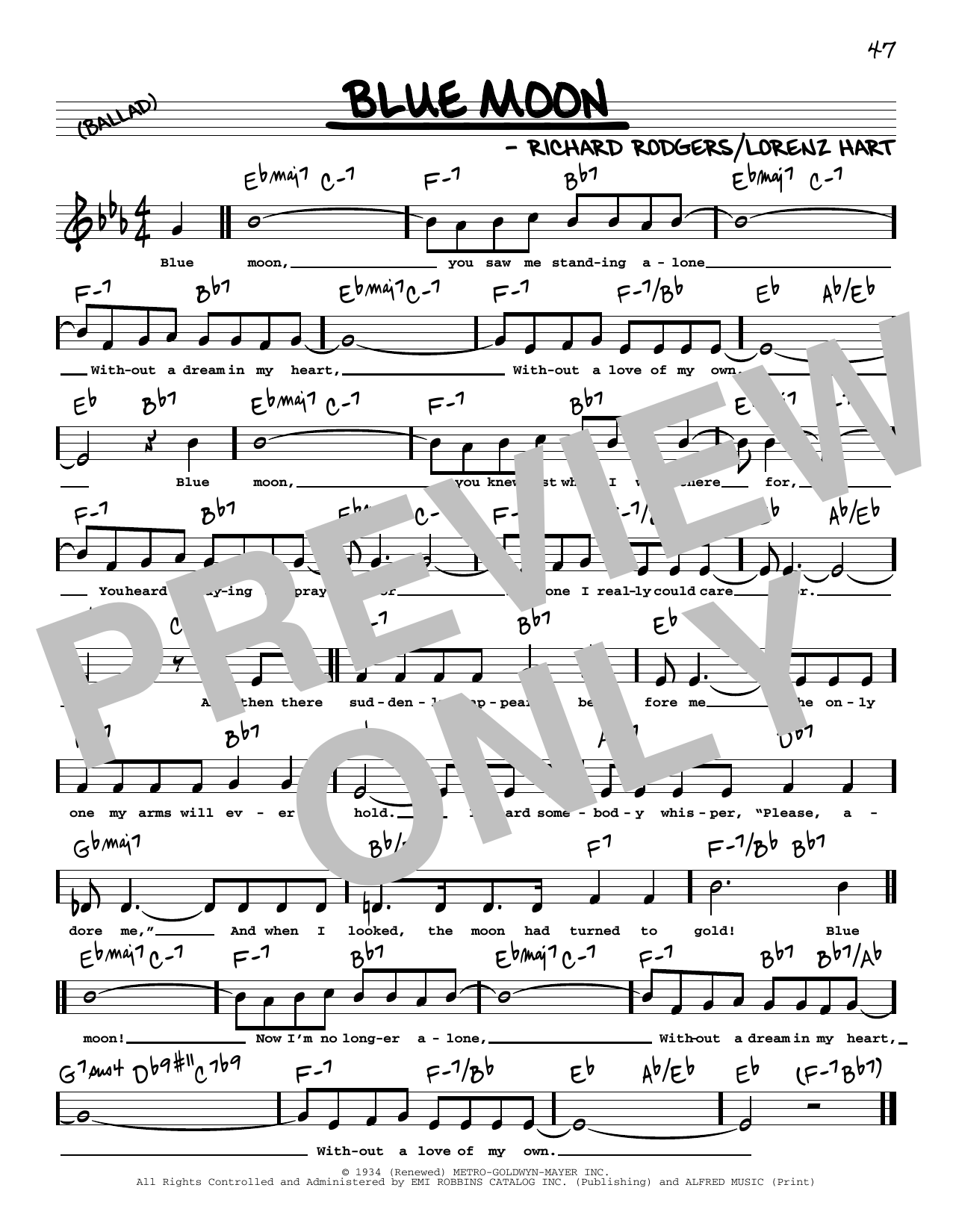 The Marcels Blue Moon (High Voice) sheet music notes and chords arranged for Real Book – Melody, Lyrics & Chords