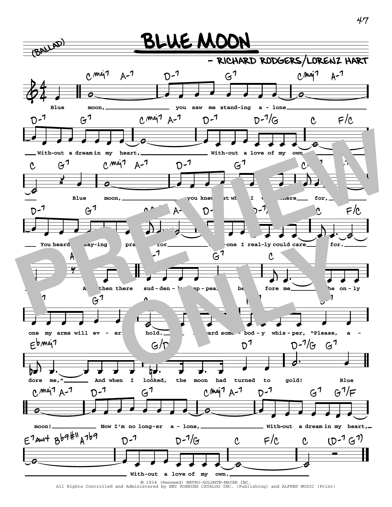 The Marcels Blue Moon (Low Voice) sheet music notes and chords arranged for Real Book – Melody, Lyrics & Chords