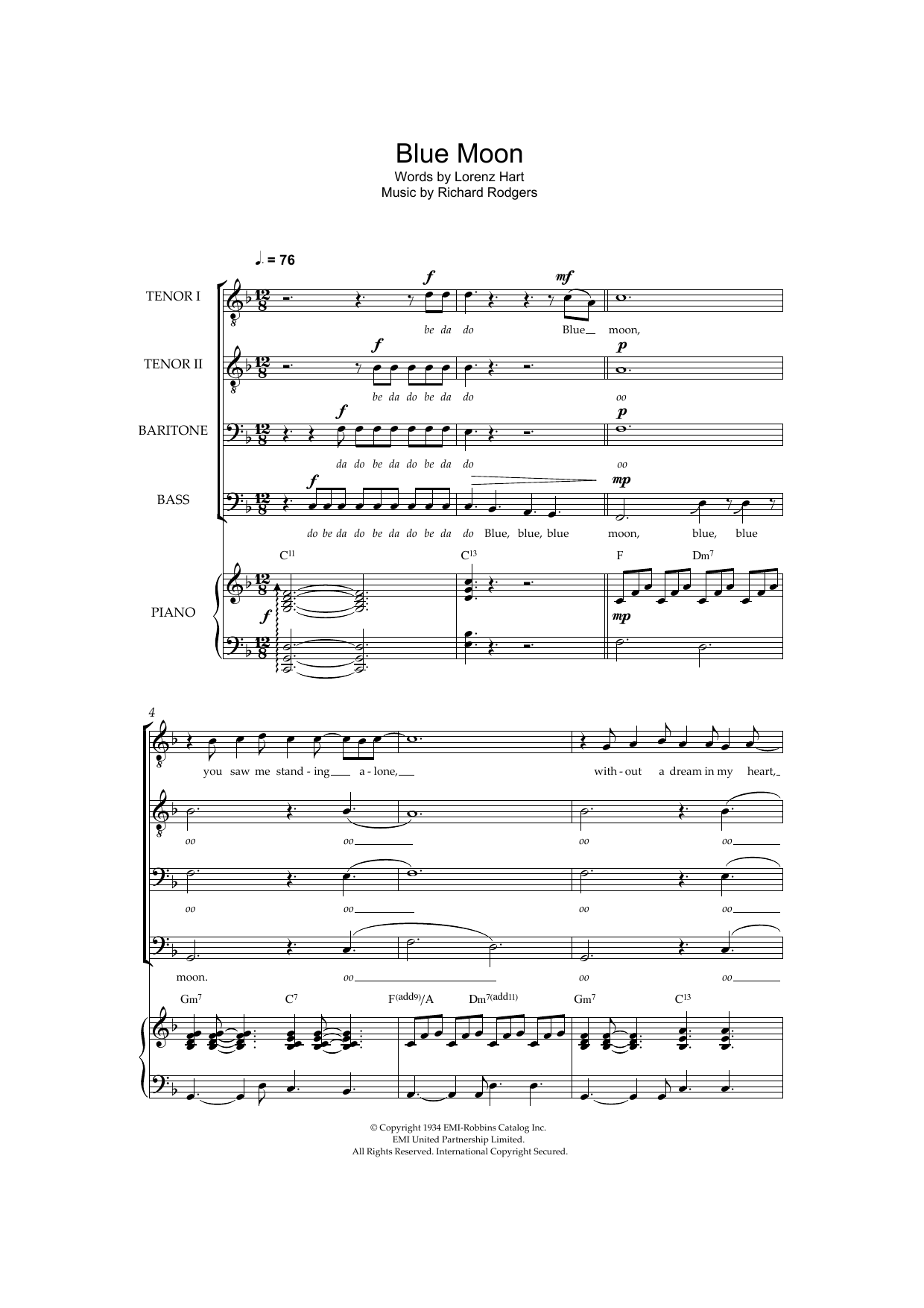 The Marcels Blue Moon sheet music notes and chords arranged for Choir