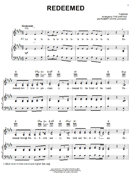 The Martins Redeemed sheet music notes and chords arranged for Piano, Vocal & Guitar Chords (Right-Hand Melody)