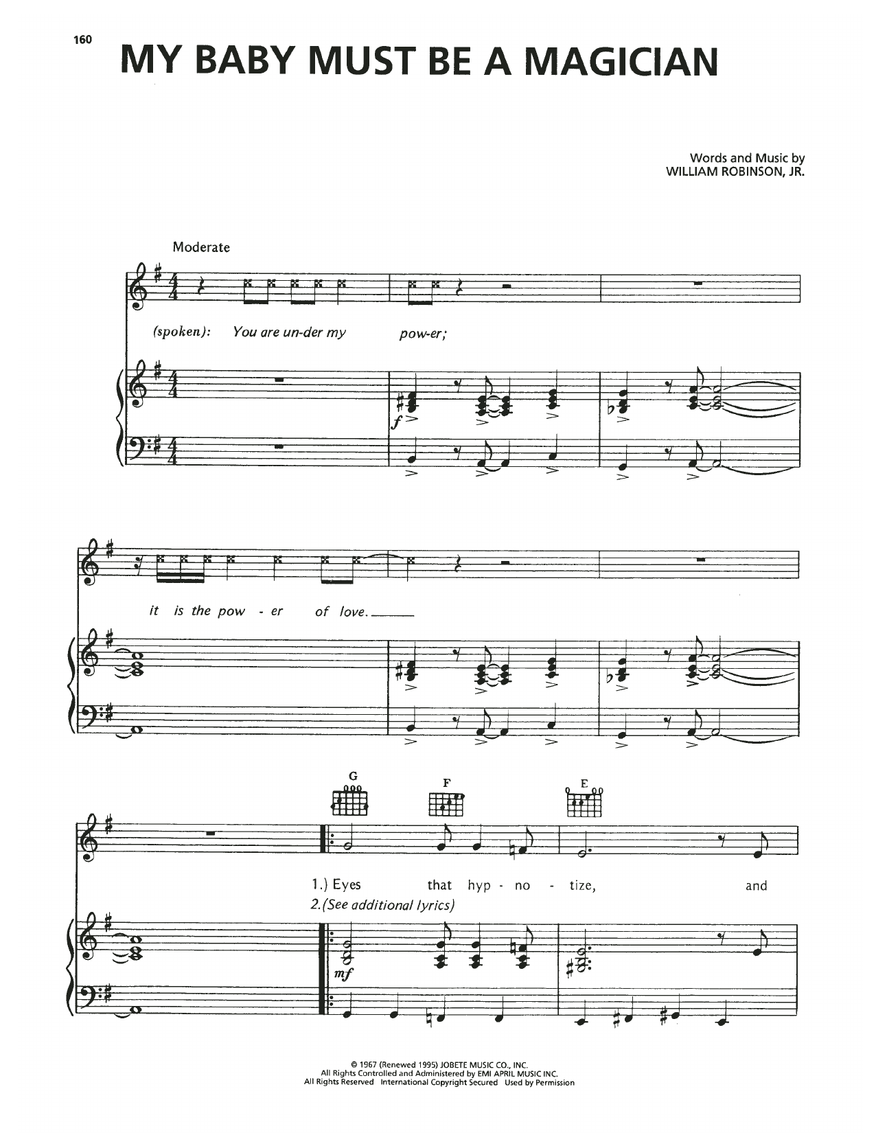 The Marvelettes My Baby Must Be A Magician sheet music notes and chords arranged for Piano, Vocal & Guitar Chords (Right-Hand Melody)