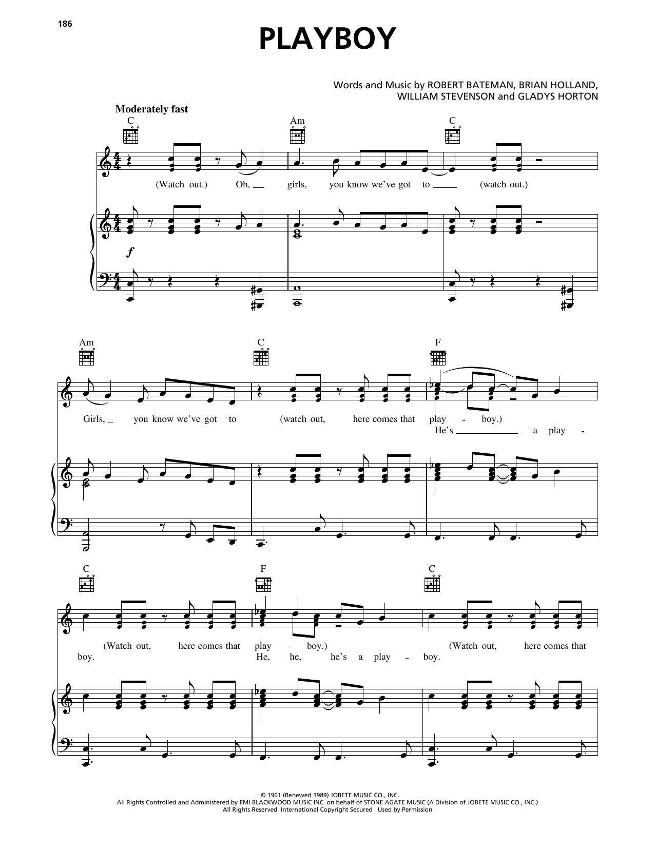 The Marvelettes Playboy sheet music notes and chords arranged for Piano, Vocal & Guitar Chords (Right-Hand Melody)