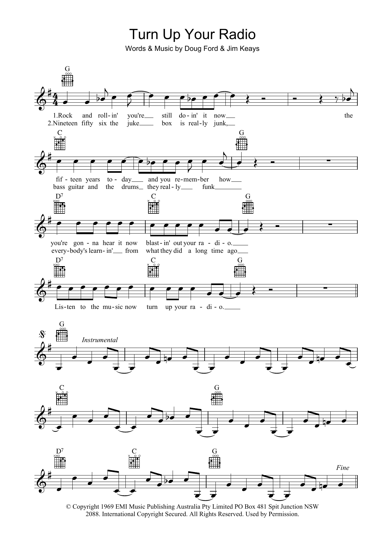 The Masters Apprentices Turn Up Your Radio sheet music notes and chords arranged for Lead Sheet / Fake Book