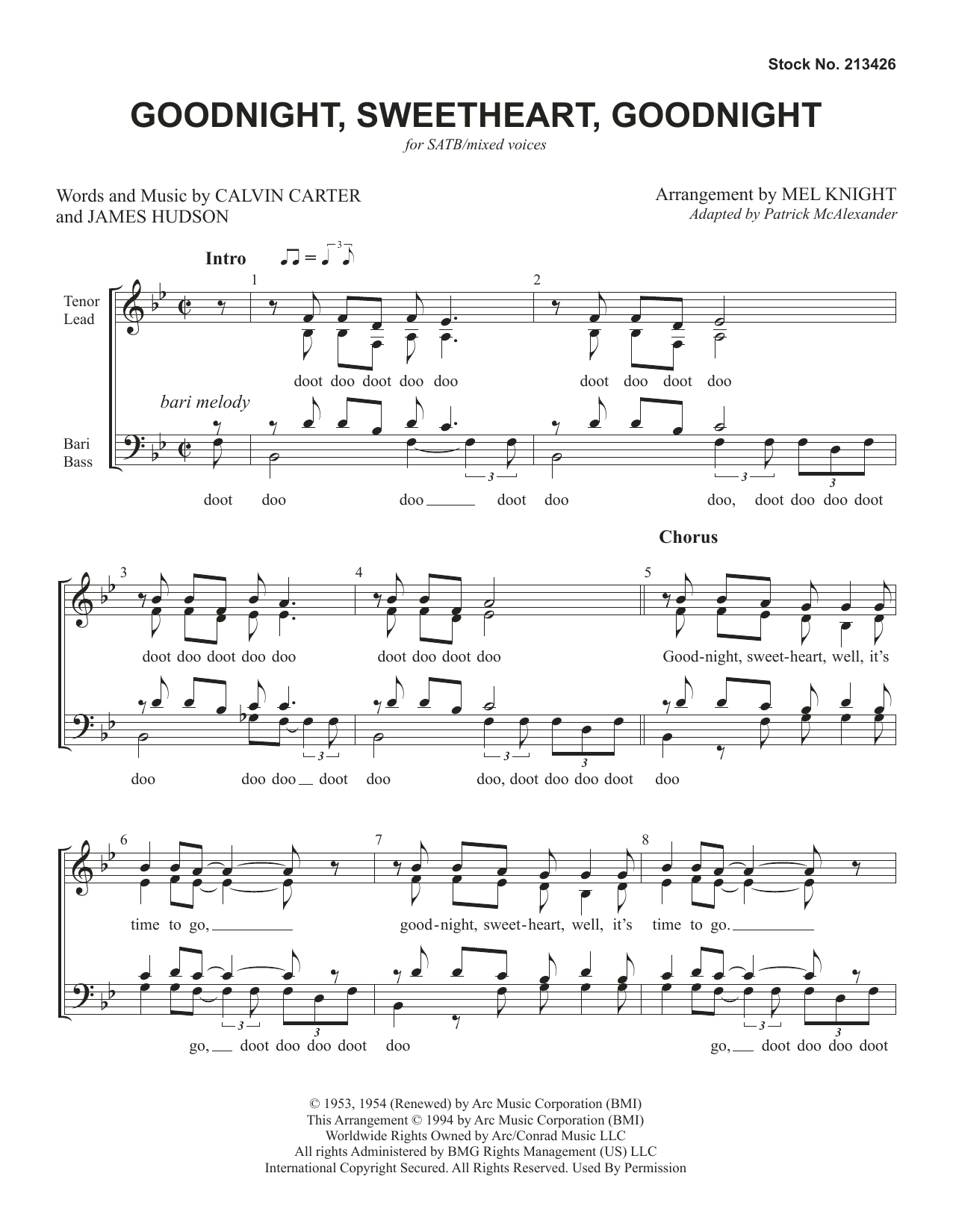 The McGuire Sisters Goodnight, Sweetheart, Goodnight (arr. Mel Knight) sheet music notes and chords arranged for SATB Choir