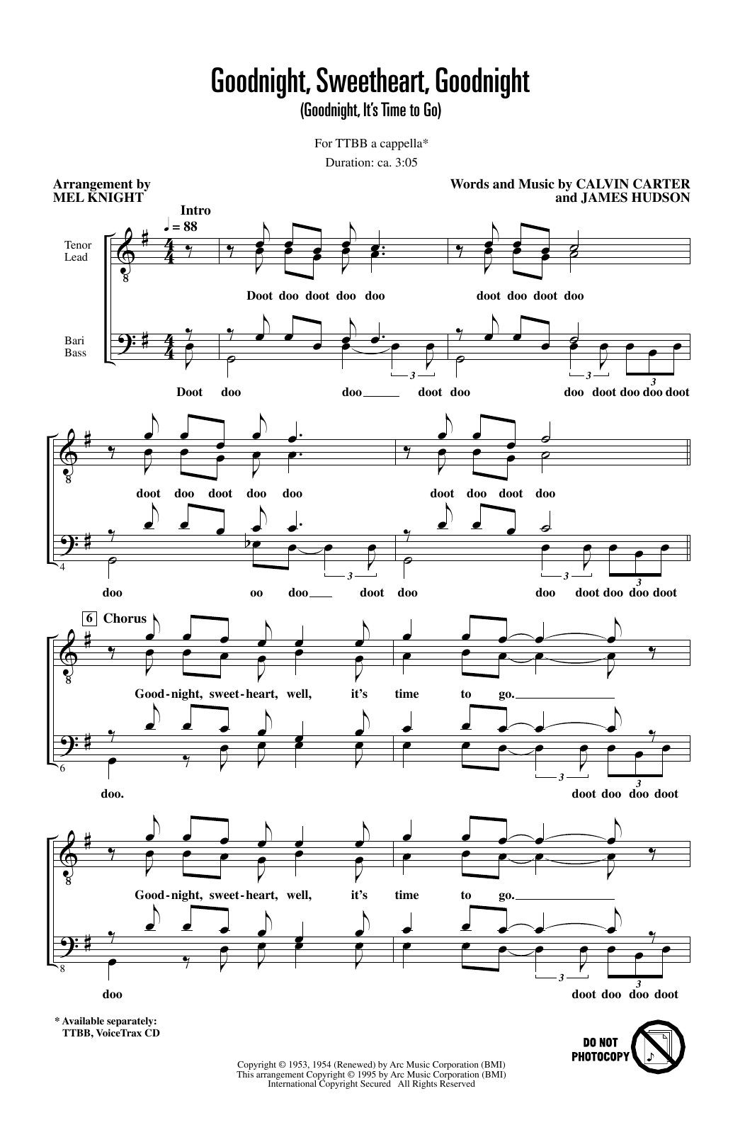 The McGuire Sisters Goodnight, Sweetheart, Goodnight (Goodnight, It's Time to Go) (arr. Mel Knight) sheet music notes and chords arranged for TTBB Choir