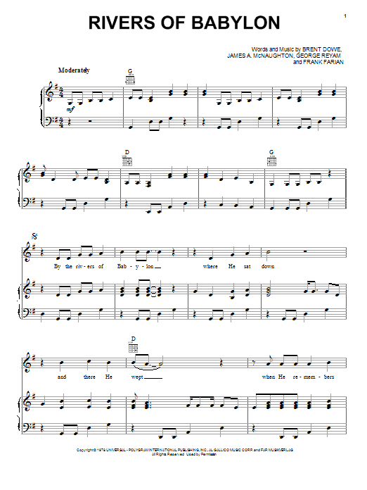The Melodians Rivers Of Babylon sheet music notes and chords arranged for Piano, Vocal & Guitar Chords (Right-Hand Melody)