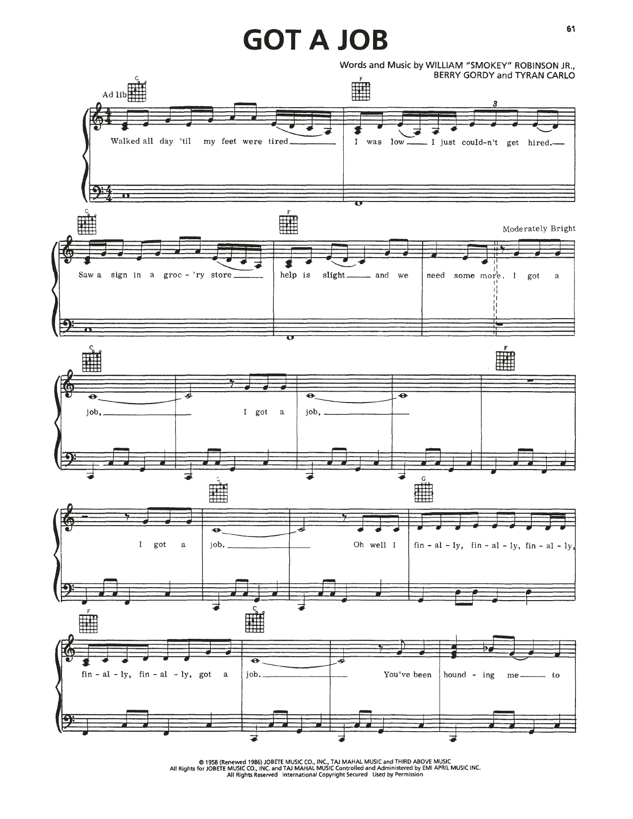 The Miracles Got A Job sheet music notes and chords arranged for Piano, Vocal & Guitar Chords (Right-Hand Melody)