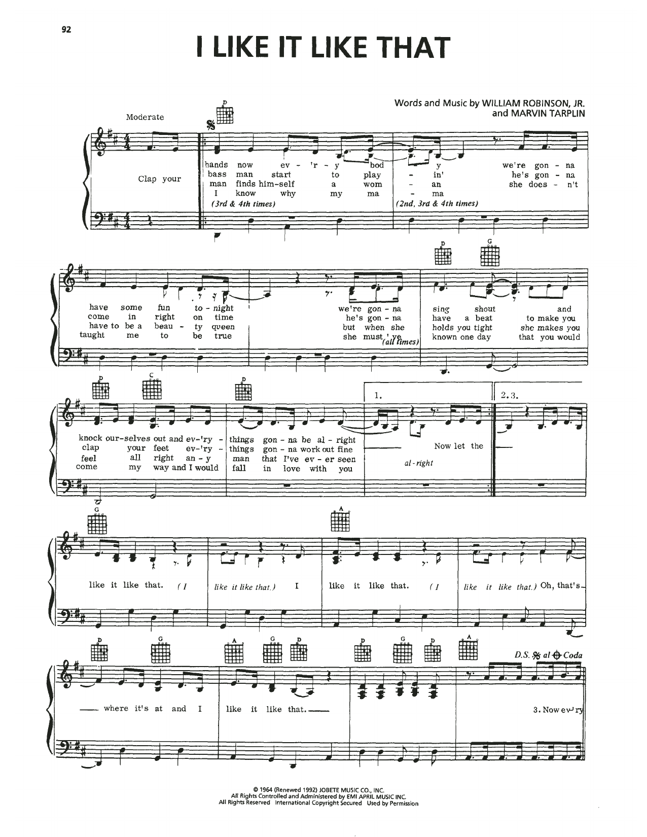 The Miracles I Like It Like That sheet music notes and chords arranged for Piano, Vocal & Guitar Chords (Right-Hand Melody)