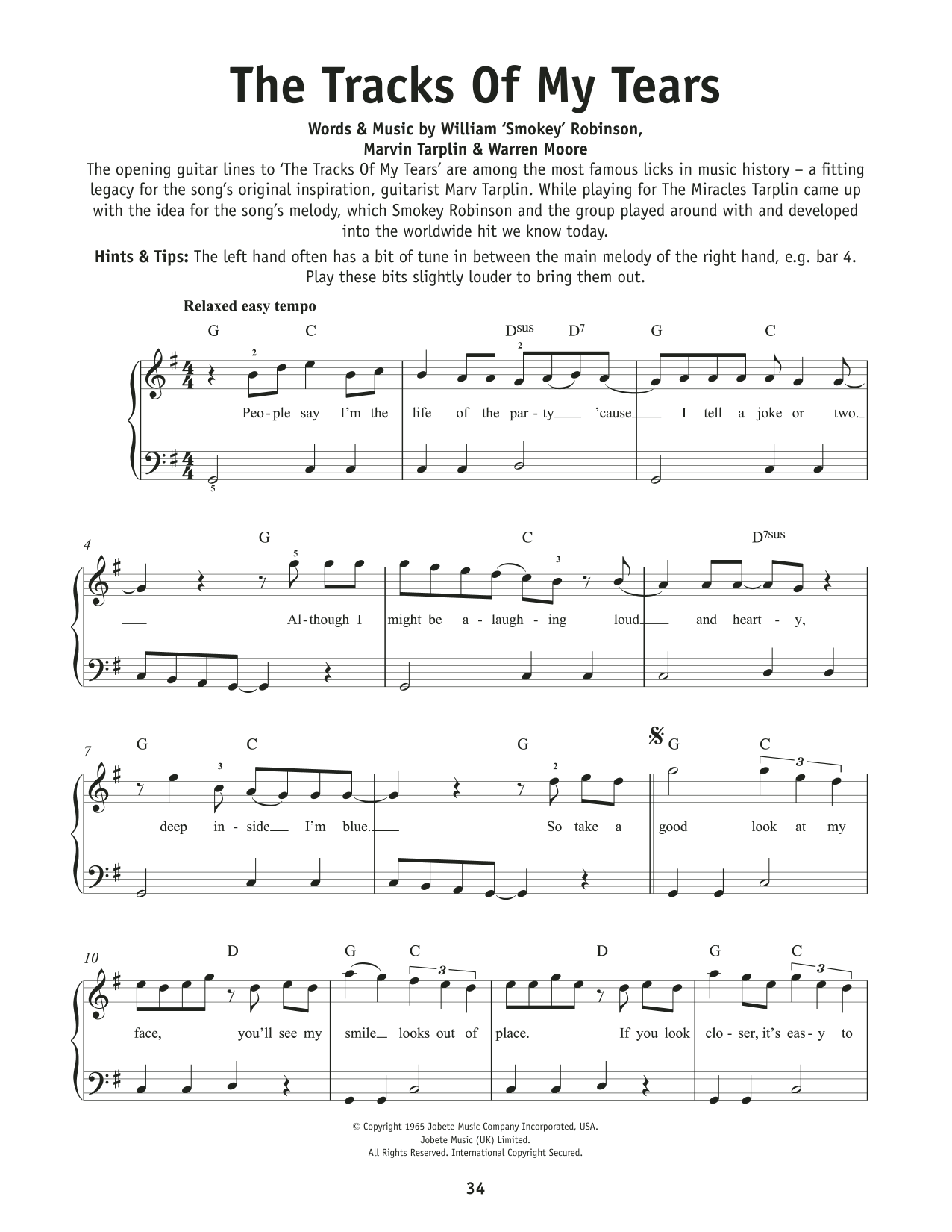 The Miracles The Tracks Of My Tears sheet music notes and chords arranged for Really Easy Piano