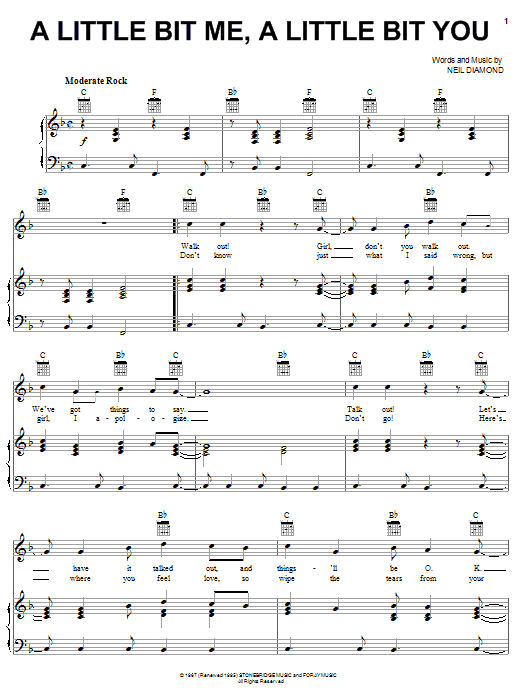 The Monkees A Little Bit Me, A Little Bit You sheet music notes and chords arranged for Piano, Vocal & Guitar Chords (Right-Hand Melody)