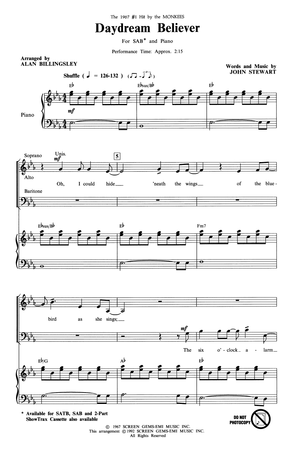 The Monkees Daydream Believer (arr. Alan Billingsley) sheet music notes and chords arranged for SAB Choir